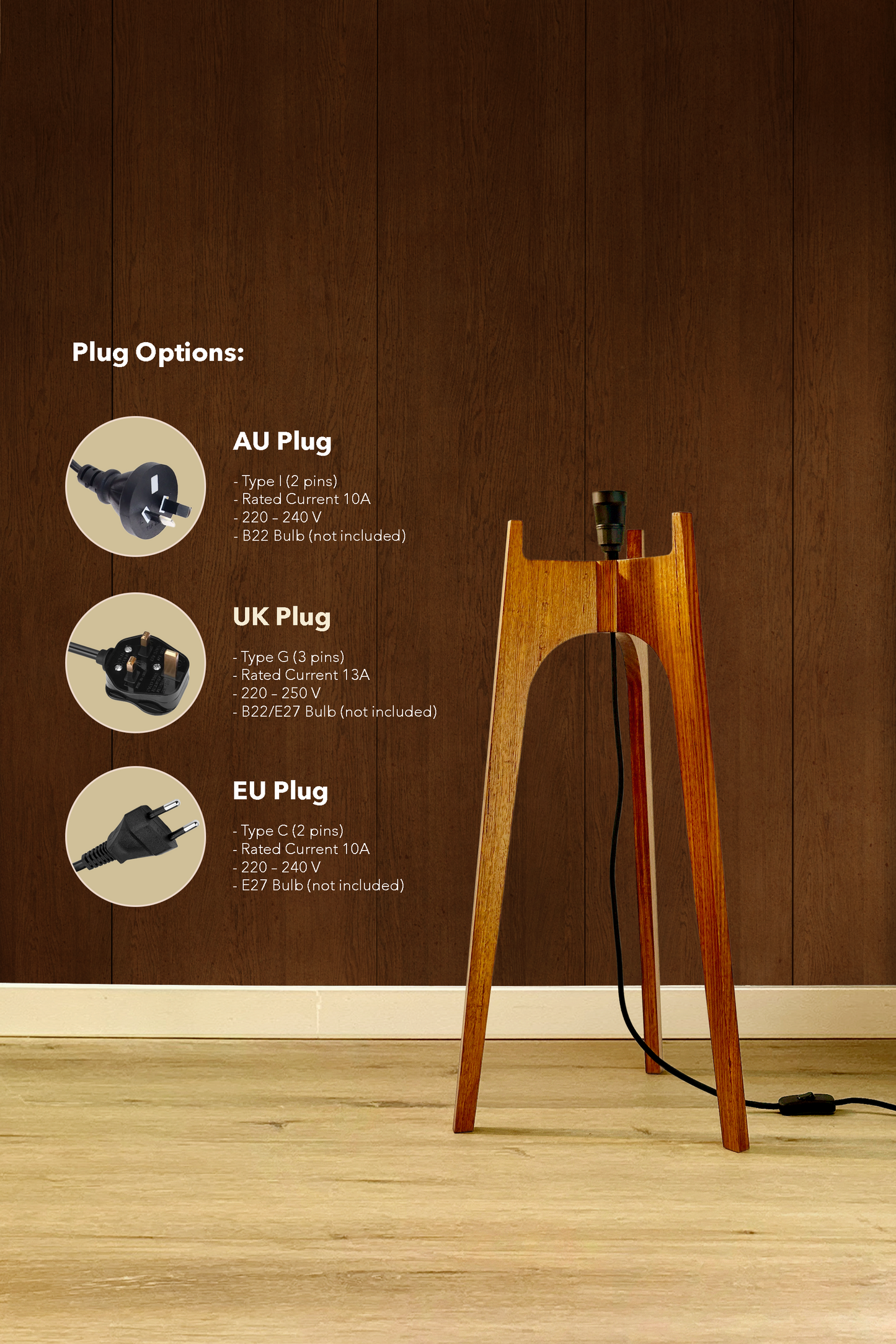 Lamp base with power cord and plug options - AU plug, UK plug, EU plug