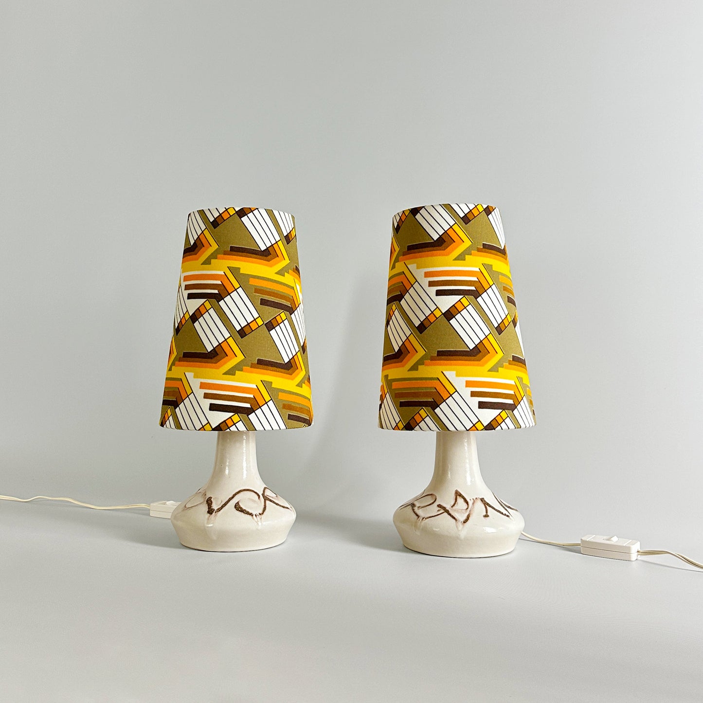 Autumn Glow | Vintage Upcycled Table Lamp - Add Warmth to Your Space with this Autumn Glow Pair of Small Vintage Ceramic Table Lamp with Bespoke Handmade Lampshade Featuring Authentic Vintage Geometrics Fabrics