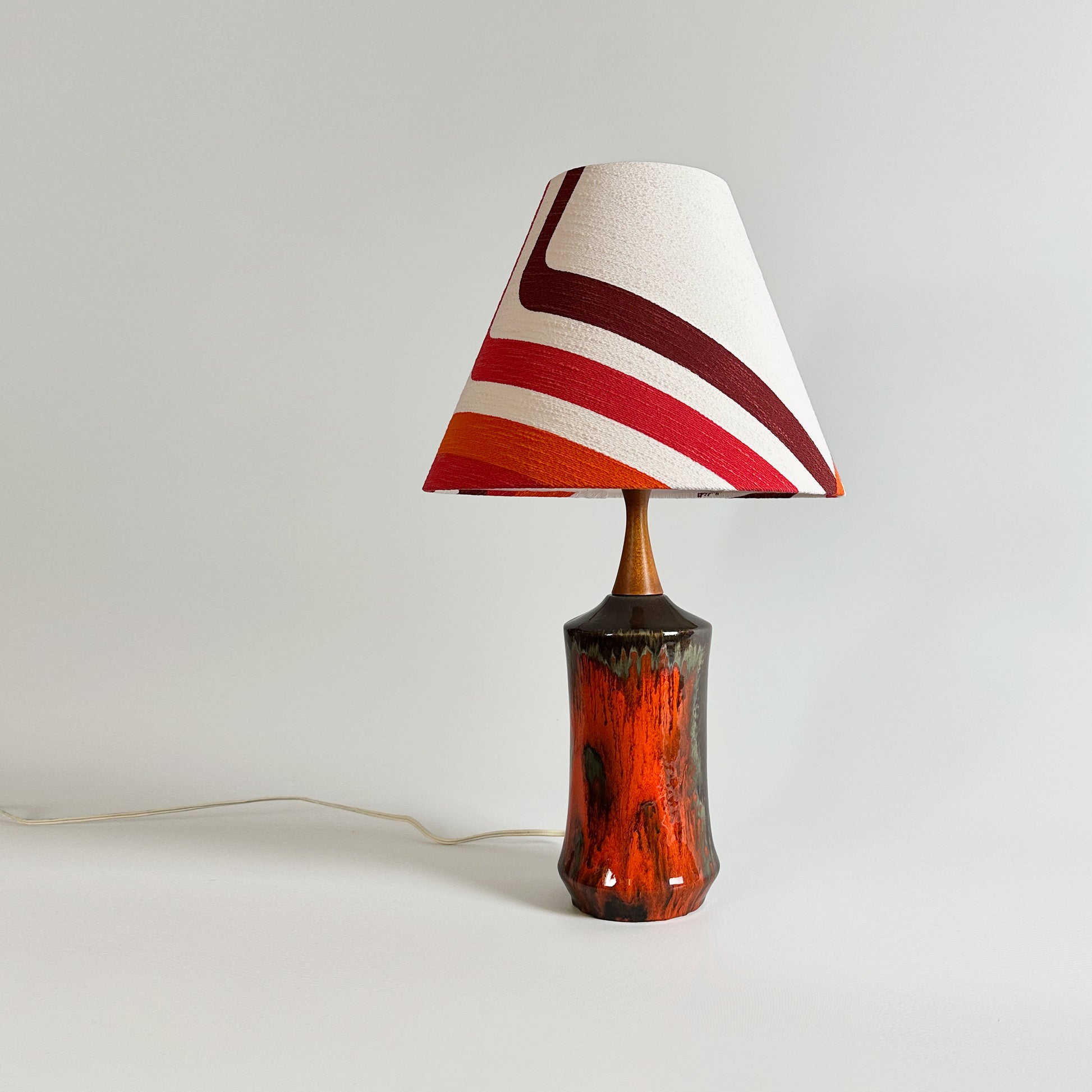 Mid-Century Modern Vintage Ceramic Table Lamp with Bespoke Handmade Lampshade Featuring Authentic 70's Geometric Fabrics.