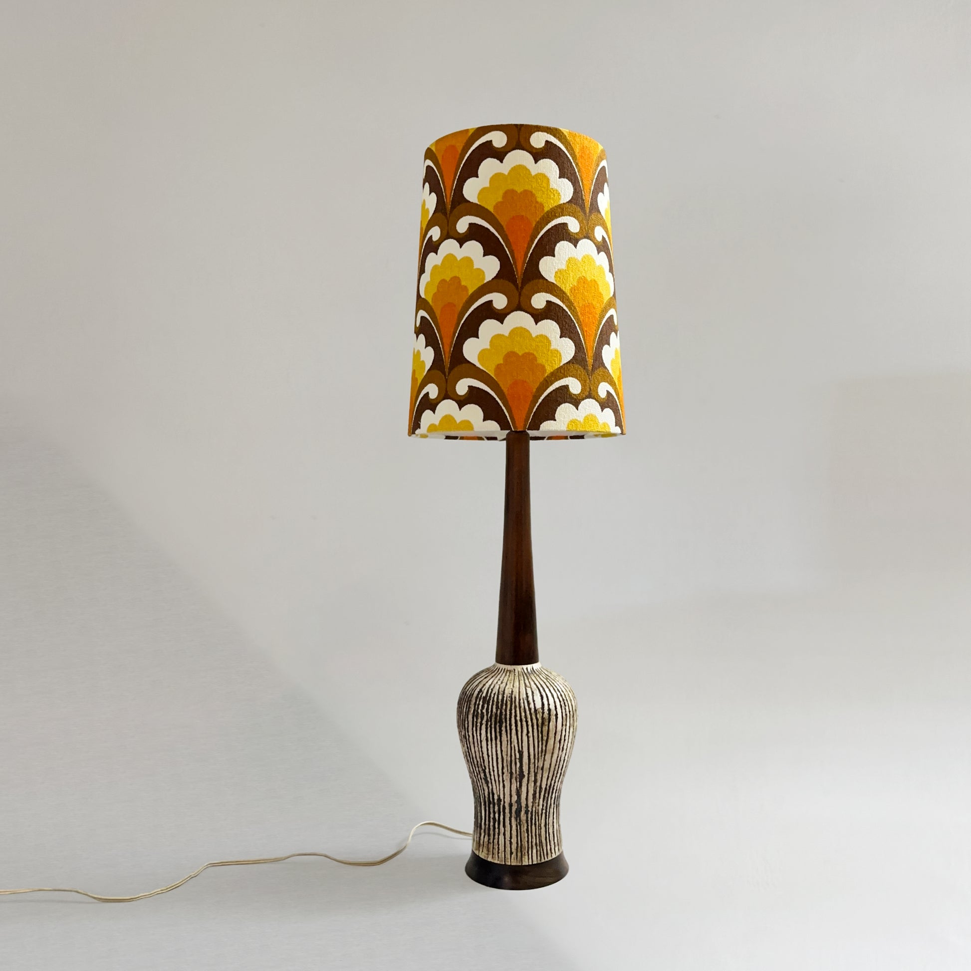 Golden Elegance -&nbsp; A Tall Vintage Ceramic Pottery Table Lamp with Bespoke Handmade Lampshade with Authentic Geometric Vintage Terry Cloth Fabric.