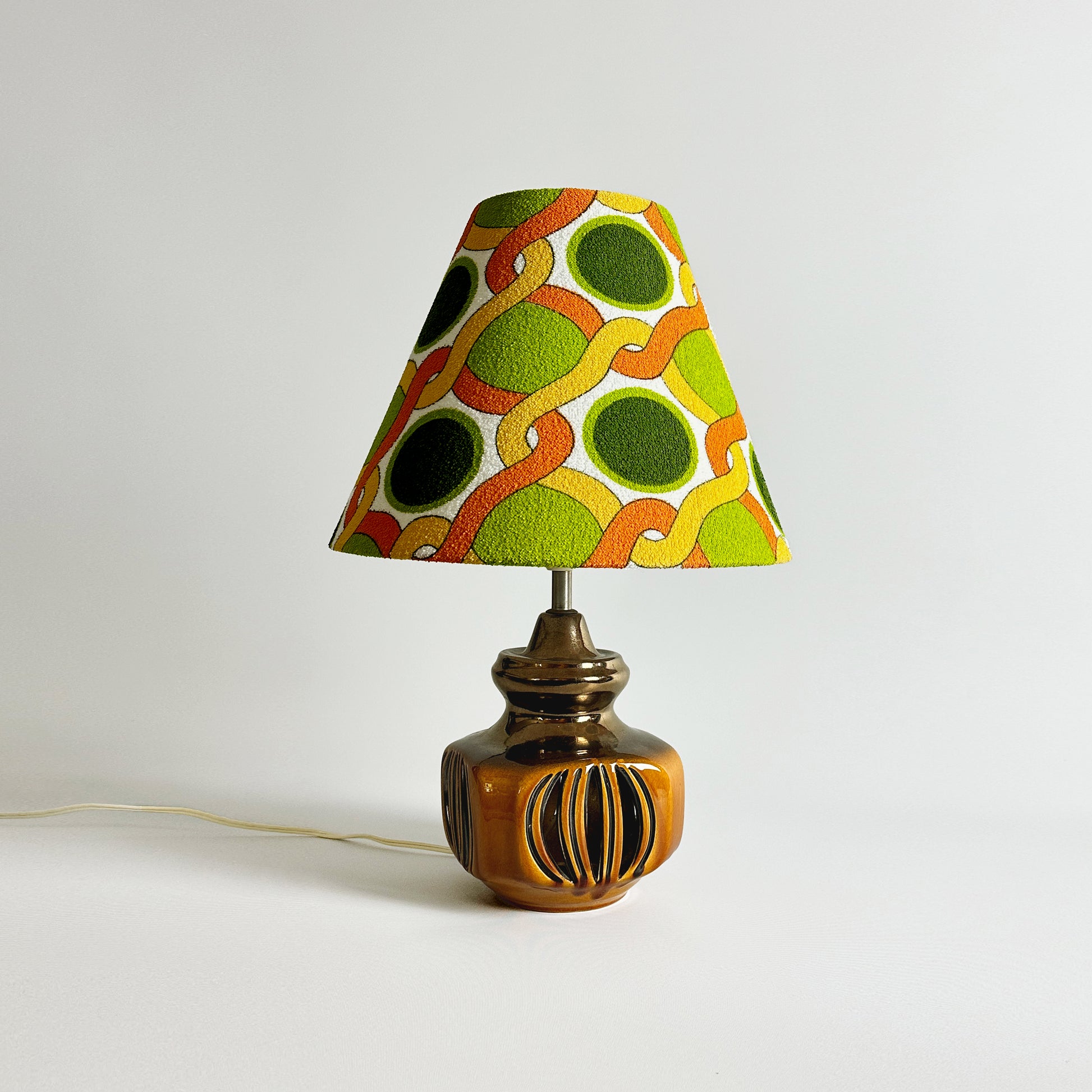 Brighten Your Space with this Vintage Groove  A unique Ellis Pottery Vintage Ceramic Table Lamp with Bespoke Handmade Lampshade Featuring Authentic Vintage Geometrics Fabrics.