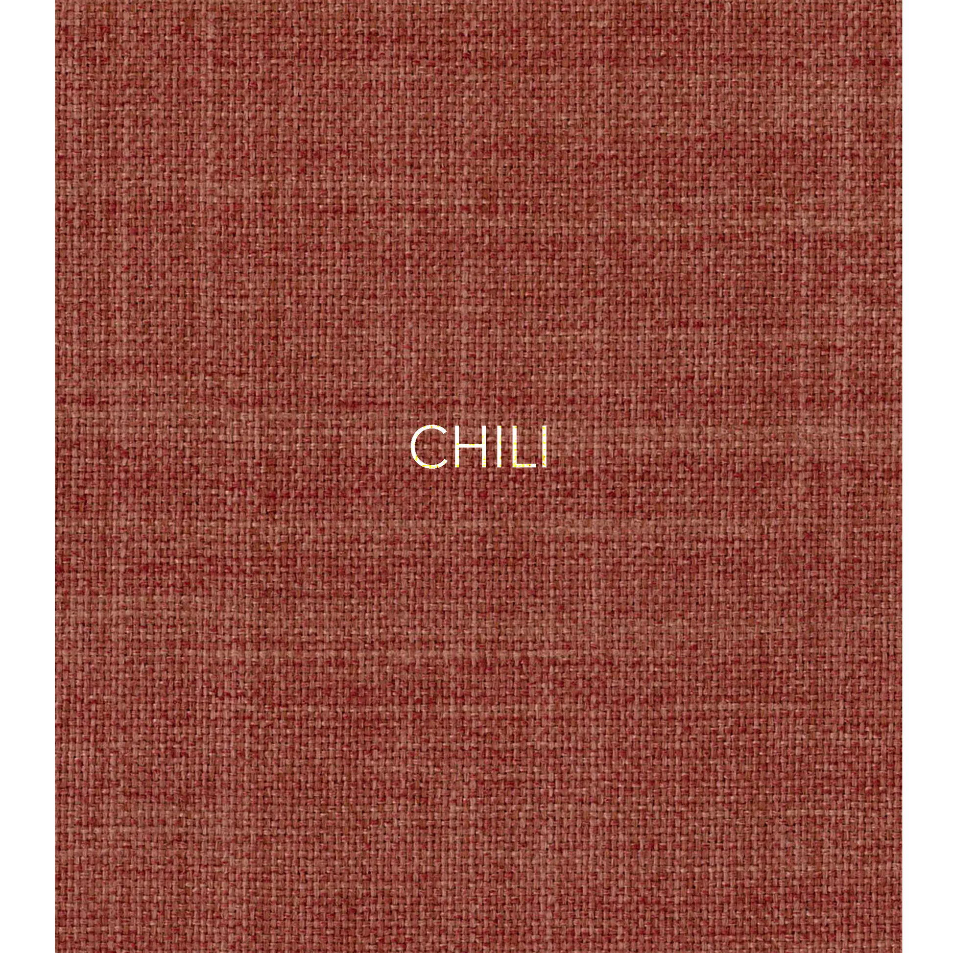 Chili - The fabric used in this collection is a classic, yarn-dyed plain weave made from recycled olefin, embodying a faux linen look with a washed appearance. 