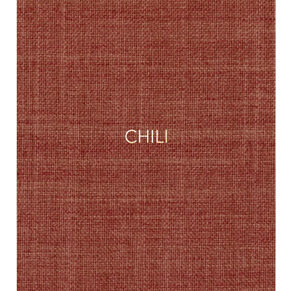 Chili - The fabric used in this collection is a classic, yarn-dyed plain weave made from recycled olefin, embodying a faux linen look with a washed appearance. 