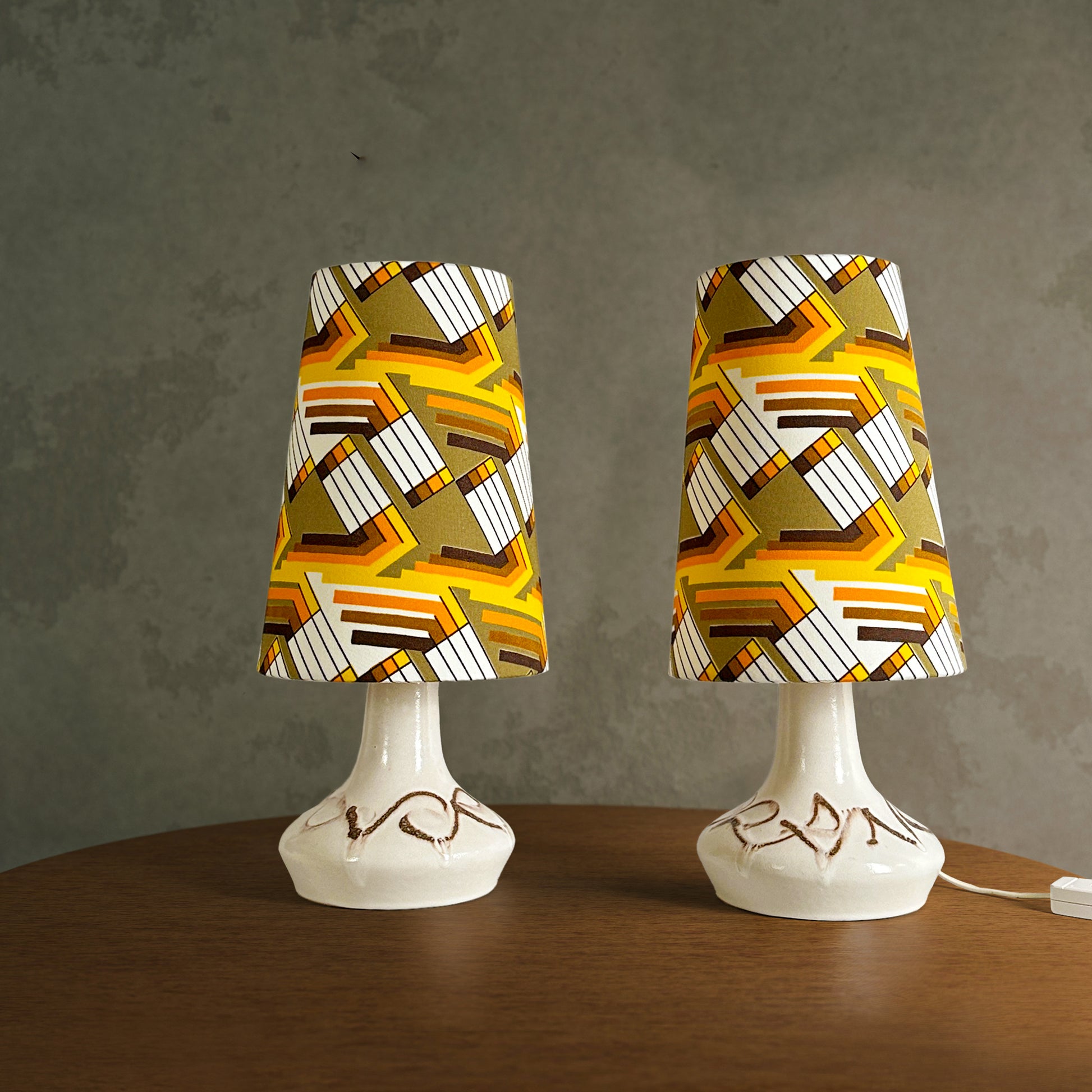 Autumn Glow | Vintage Upcycled Table Lamp - Add Warmth to Your Space with this Autumn Glow  Pair of Small Vintage Ceramic Table Lamp with Bespoke Handmade Lampshade Featuring Authentic Vintage Geometrics Fabrics