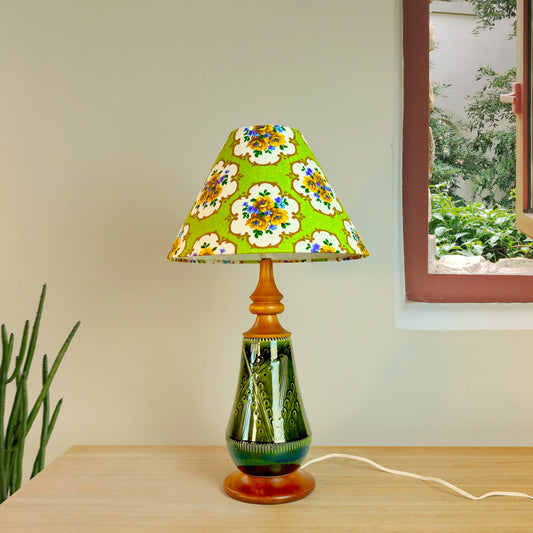 Danish Teak &amp; Ceramic 60’s Vintage Mid-Century Modern Table Lamp + Bespoke Handmade Lampshade in Vintage Original Textile Designer Fabric.