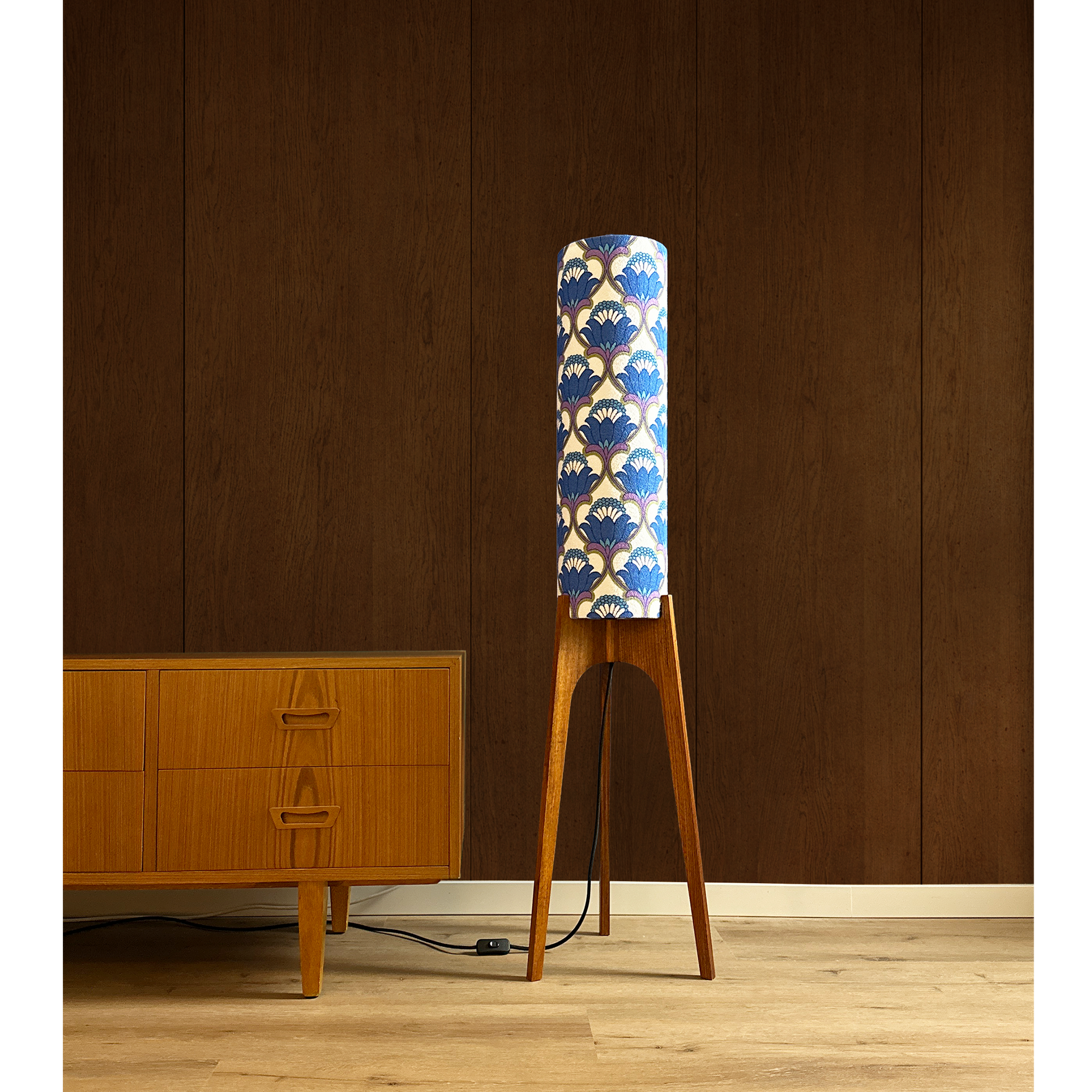 Archie Rocket Floor Lamp - Blue Bell Colour Palette - Vintage Fabric