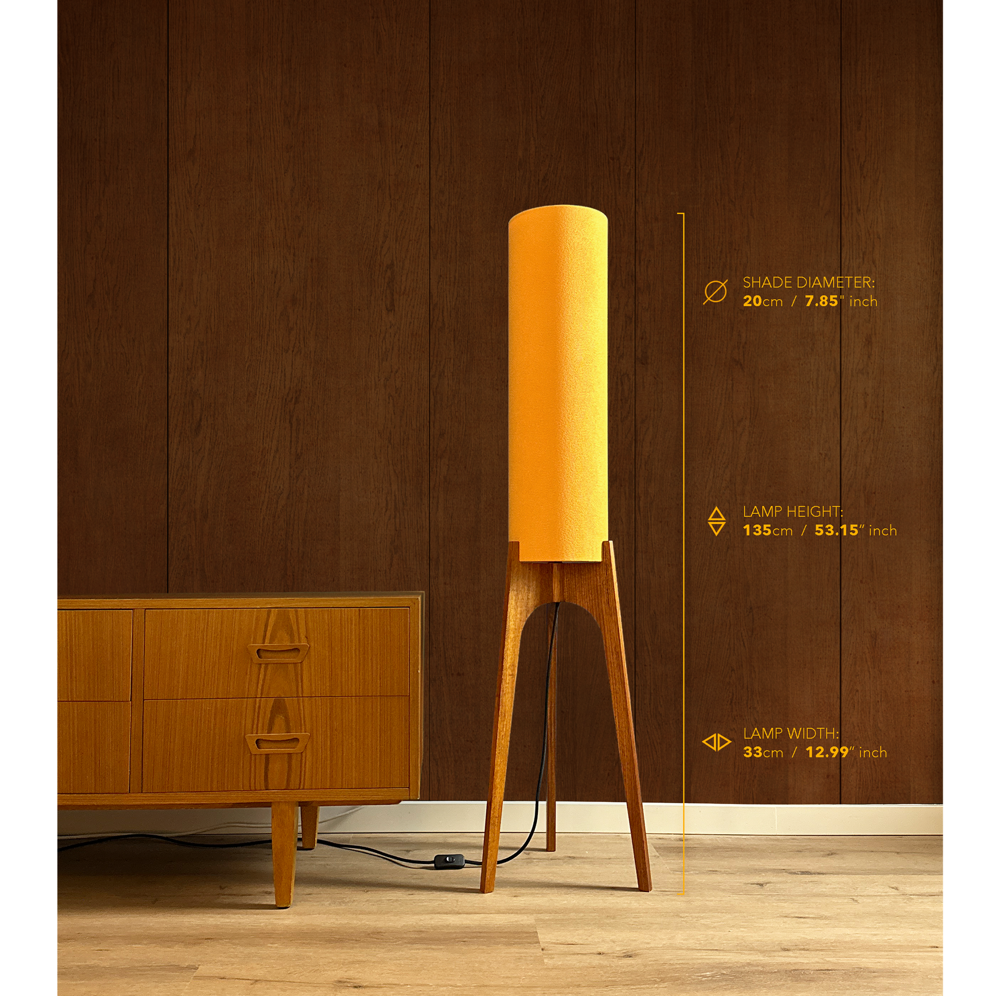 Canary with Measurements - Lamp height 135cm, 53.15 inches, lamp width 33cm, 12.99 inches