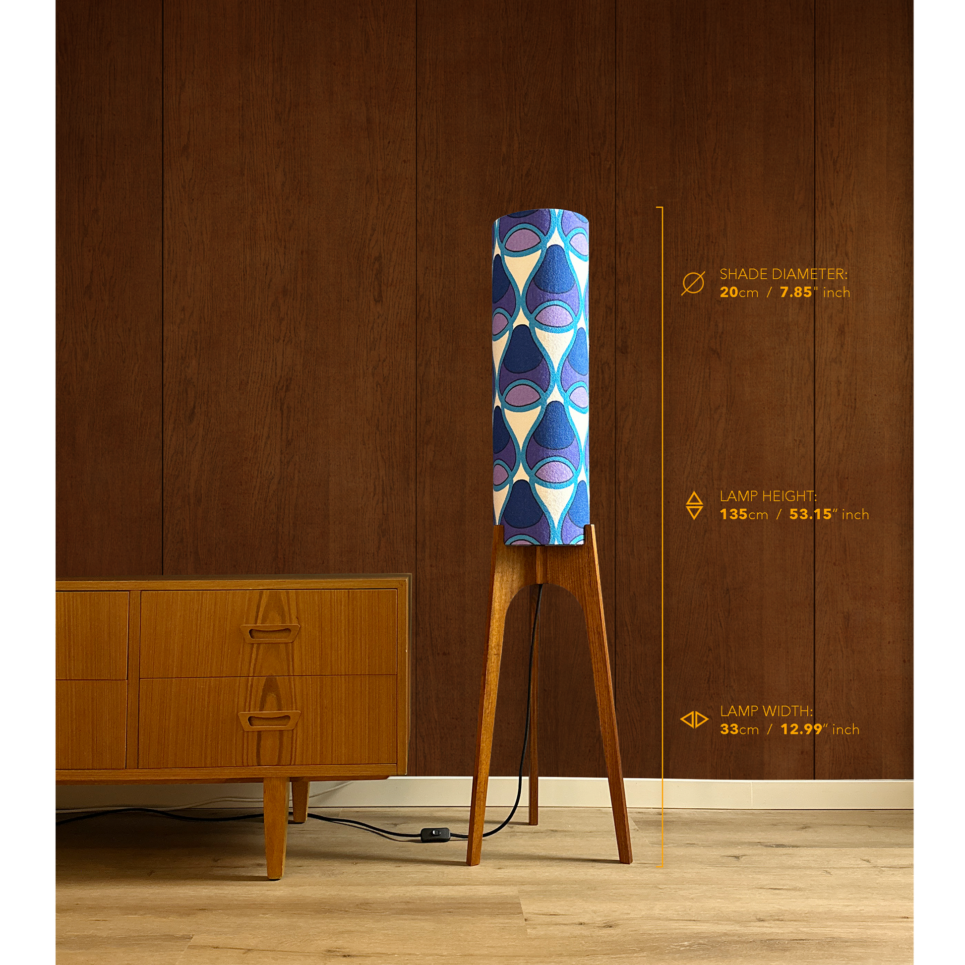 Lights Off with Measurements - Lamp height 135cm, 53.15 inches, lamp width 33cm, 12.99 inches