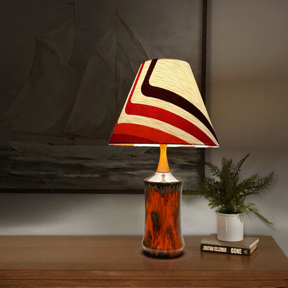 Lights on - Mid-Century Modern Vintage Ceramic Table Lamp with Bespoke Handmade Lampshade Featuring Authentic 70's Geometric Fabrics.