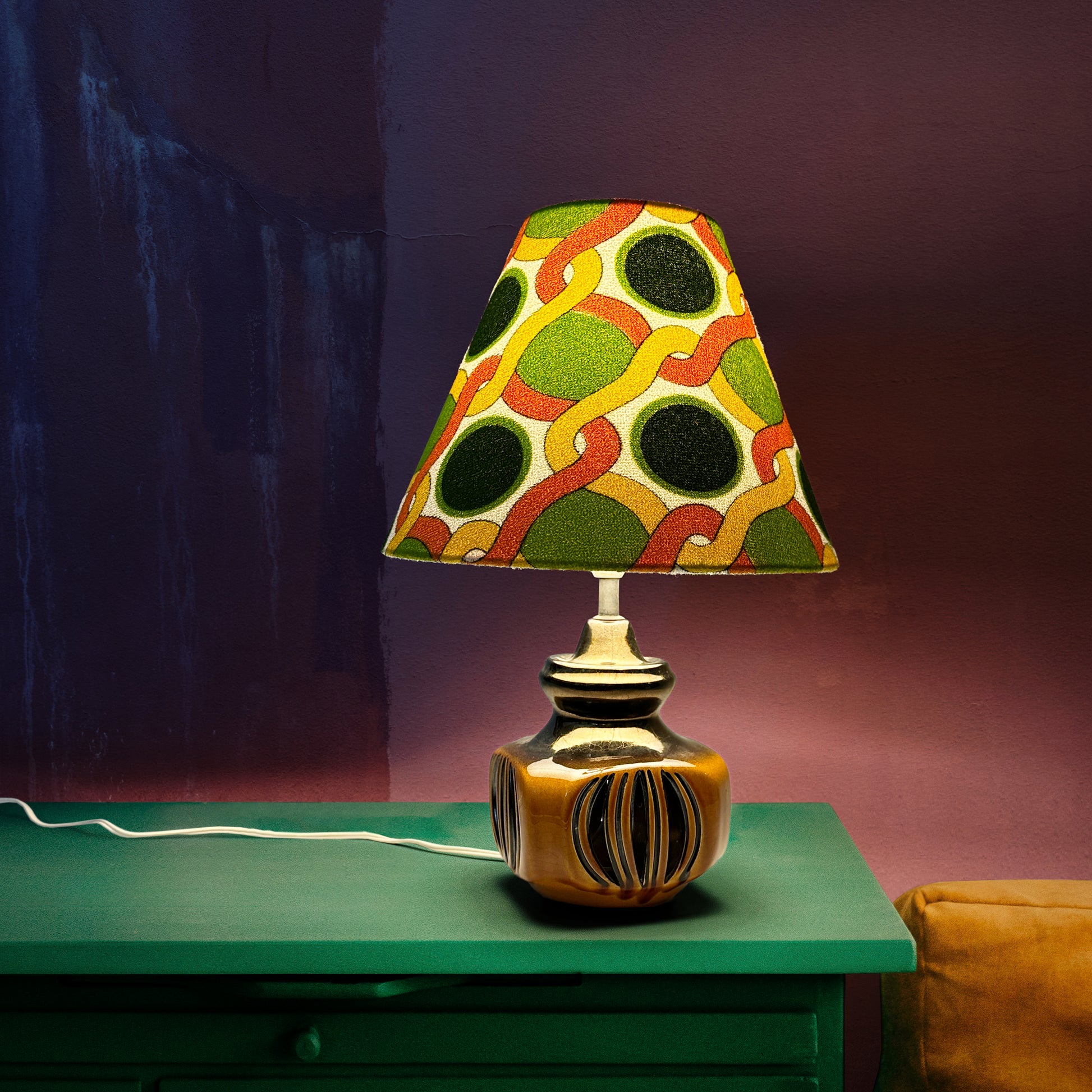 Brighten Your Space with this Vintage Groove  A unique Ellis Pottery Vintage Ceramic Table Lamp with Bespoke Handmade Lampshade Featuring Authentic Vintage Geometrics Fabrics.