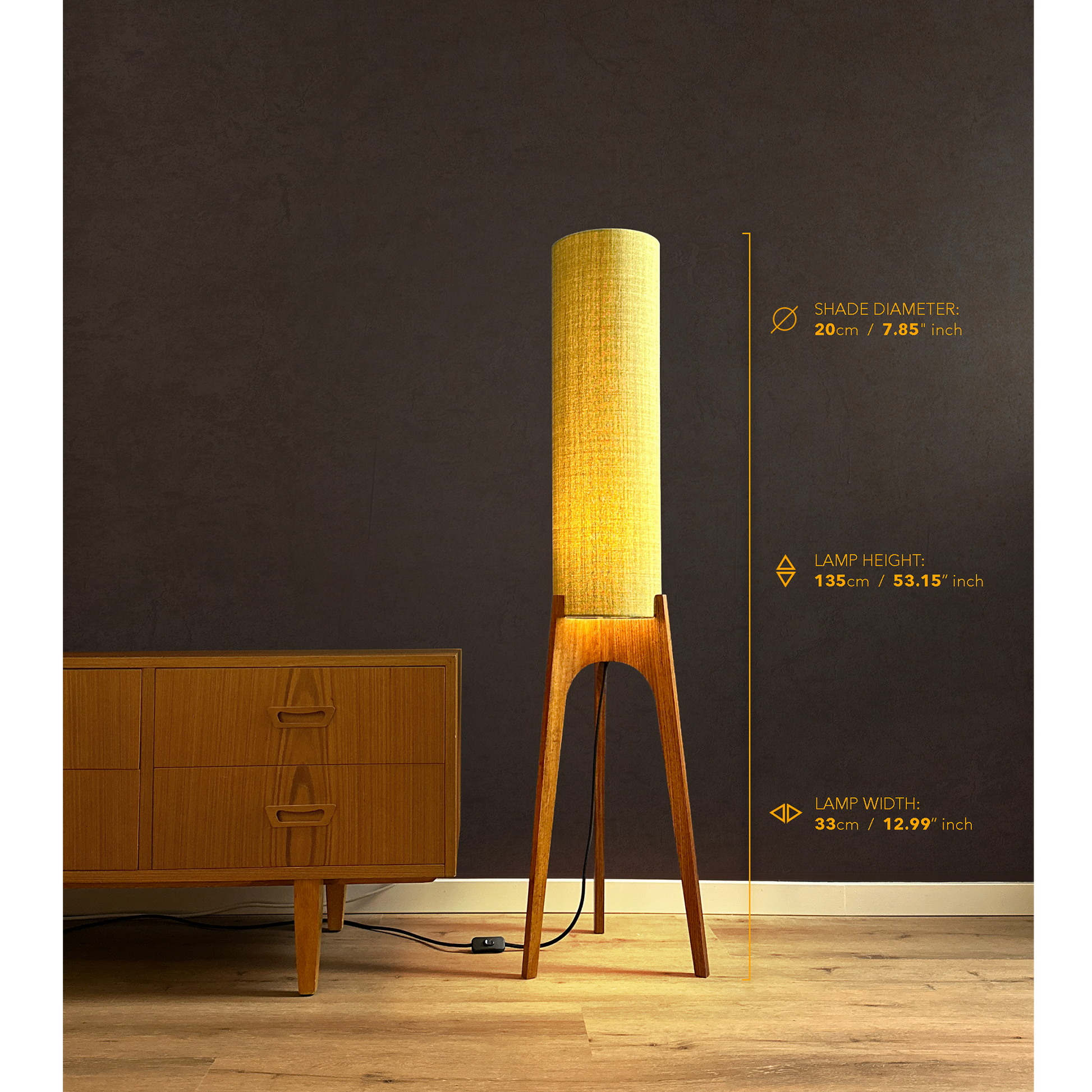 Lights on with Measurements - Lamp height 135cm, 53.15 inches, lamp width 33cm, 12.99 inches