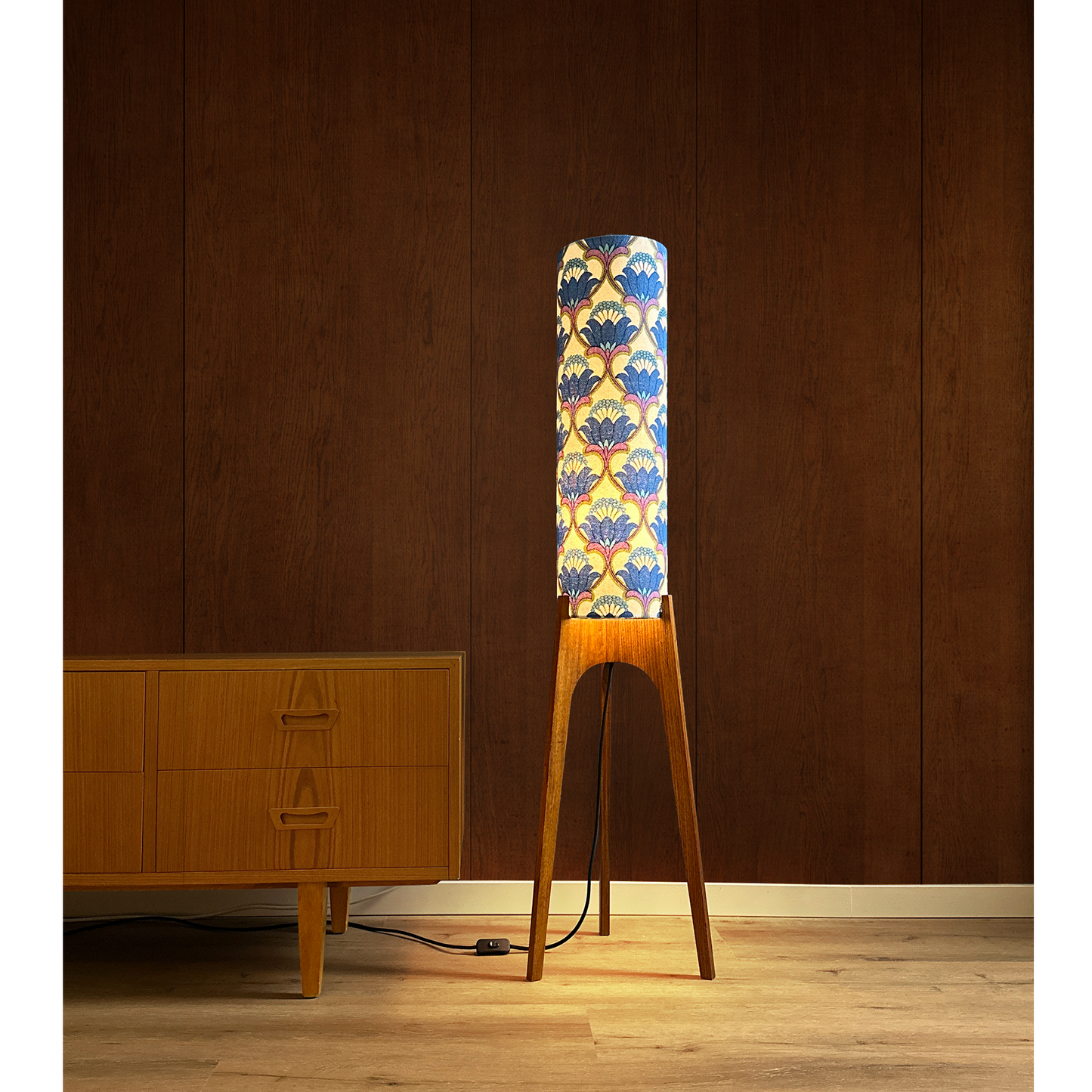 Lights on - Archie Rocket Floor Lamp - Blue Bell Colour Palette - Vintage Fabric