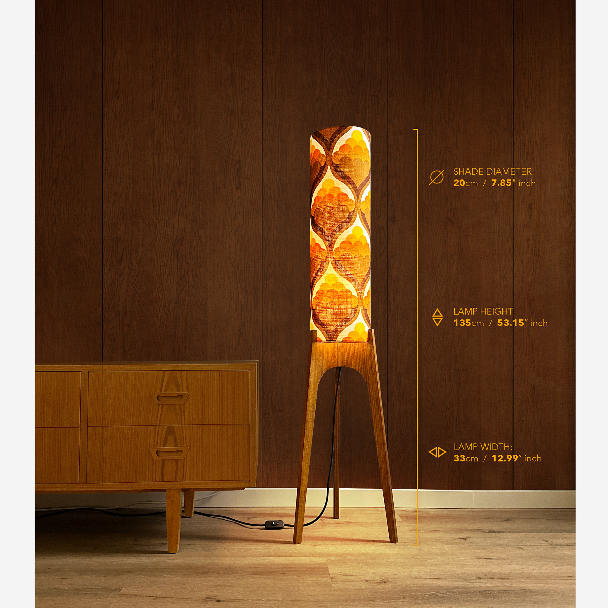 Lights on with Measurements - Lamp height 135cm, 53.15 inches, lamp width 33cm, 12.99 inches