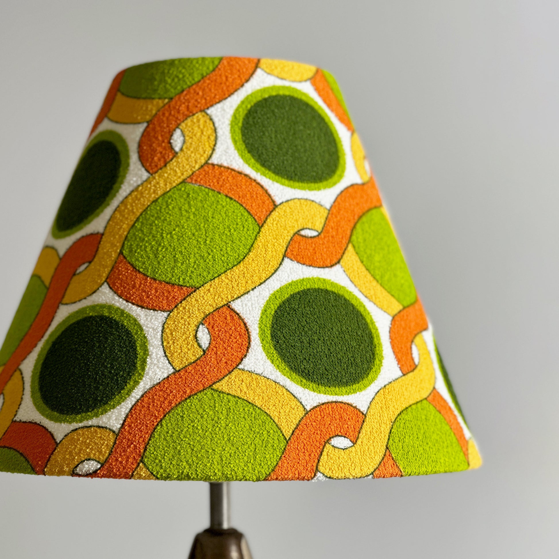 Brighten Your Space with this Vintage Groove  A unique Ellis Pottery Vintage Ceramic Table Lamp with Bespoke Handmade Lampshade Featuring Authentic Vintage Geometrics Fabrics.