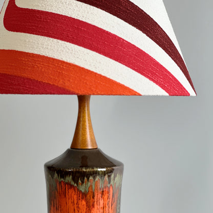 a classic empire handmade lampshade, crafted with authentic vintage fabric showcasing large red, blood-orange, and maroon geometric stripes