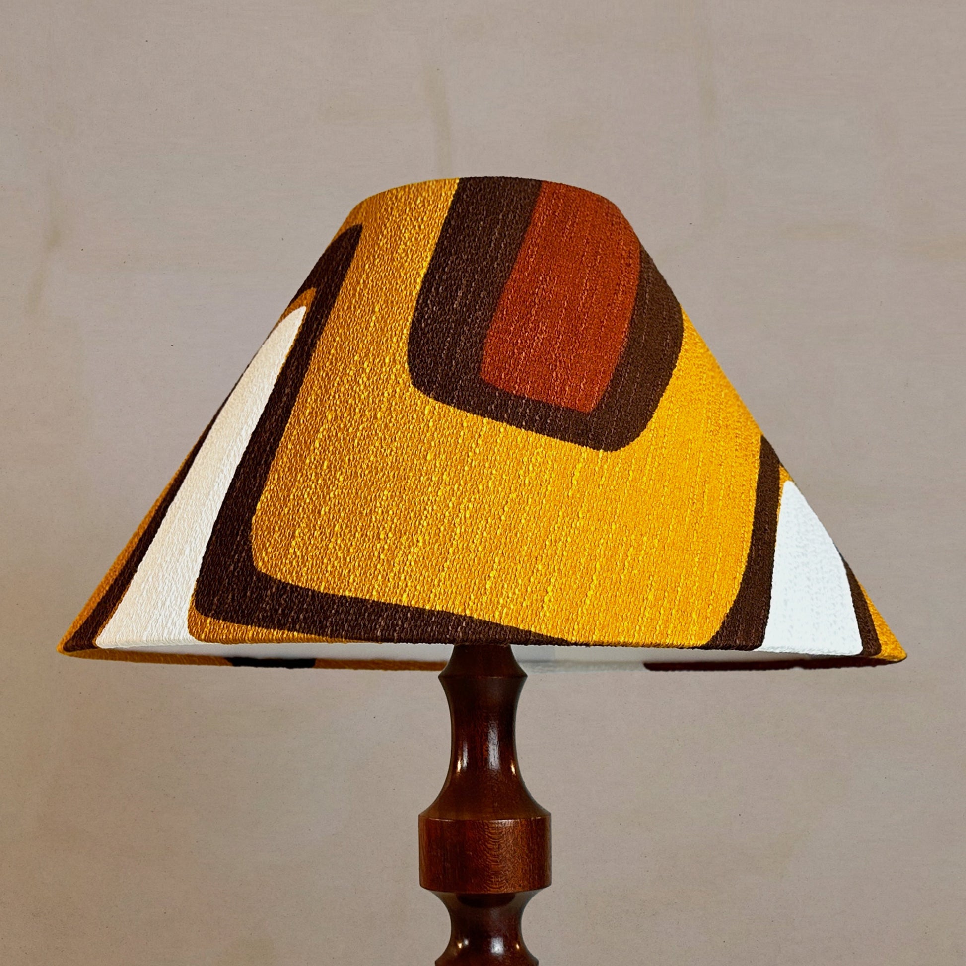 Caramel Latte Vintage Ceramic Table Lamp with Bespoke Handmade Lampshade Featuring Authentic Vintage Geometrics Fabrics.