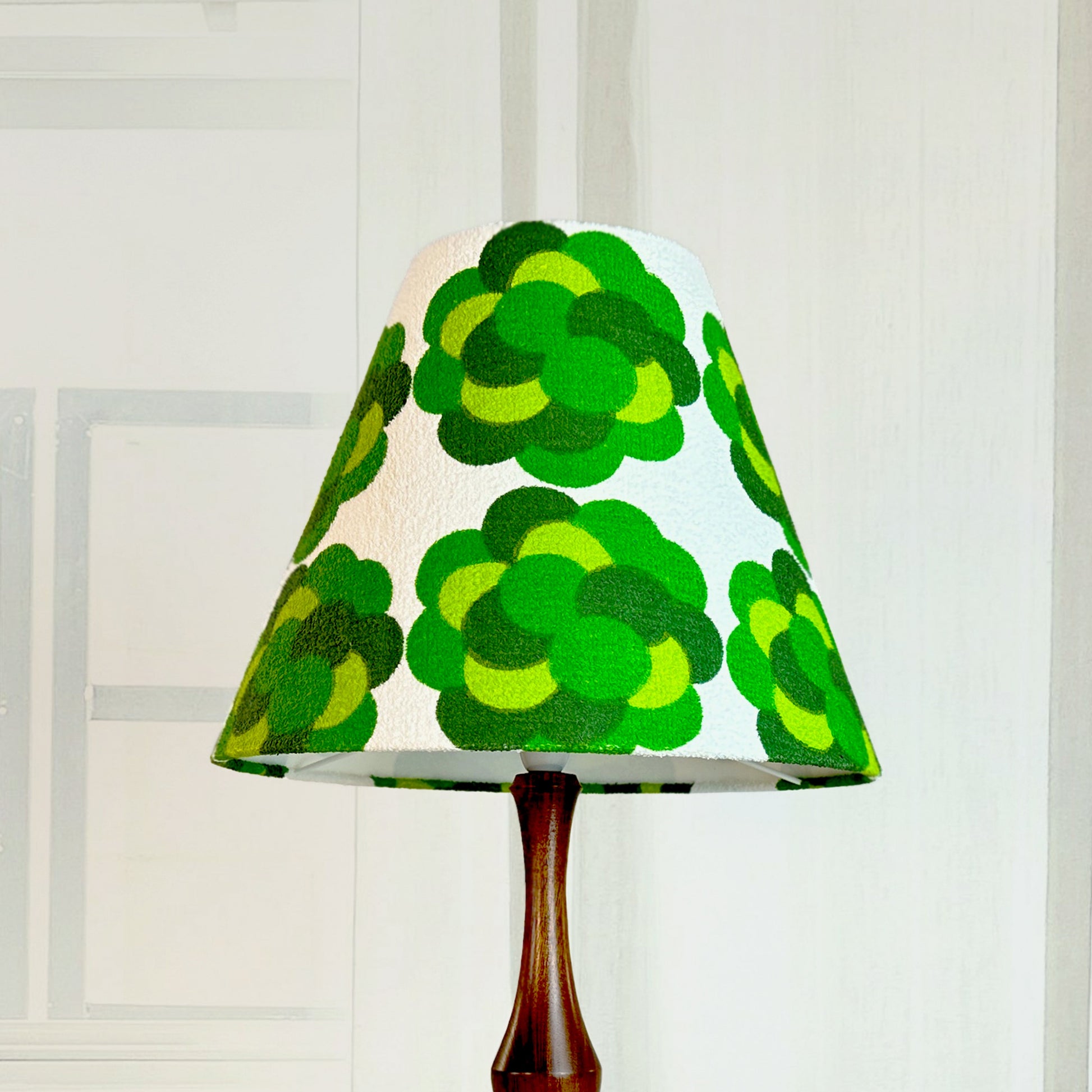 Elegant vintage Mid-Century Modern ceramic table lamp + handmade lampshade from authentic vintage terry cloth fabric features geometric circles in shades of greens.