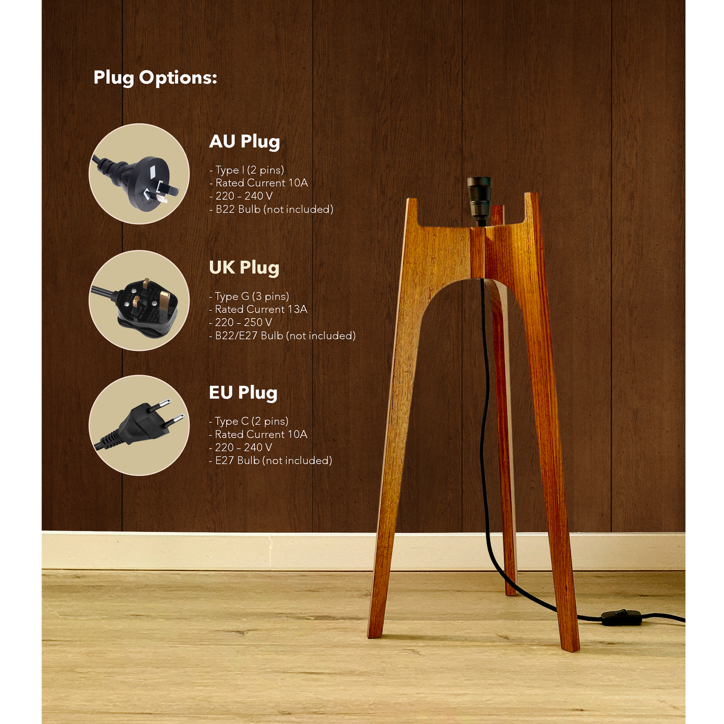 Lamp base with power cord and plug options - AU plug, UK plug, EU plug