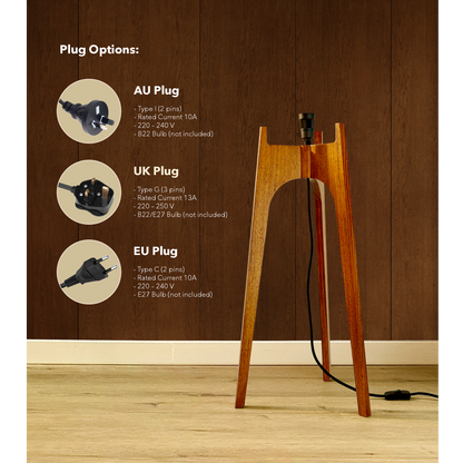 Lamp base with power cord and plug options - AU plug, UK plug, EU plug