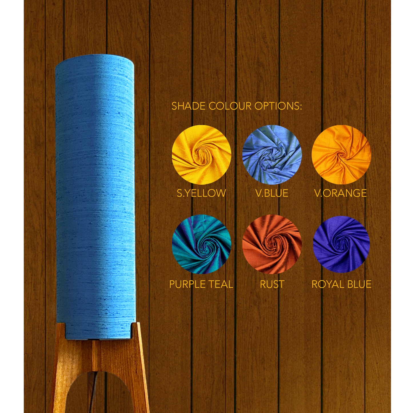 Shade Colour Options Close Up - Saffrron Yellow, Vintage Blue, Vintage Orange, Purple Teal, Rust, Royal Blue
