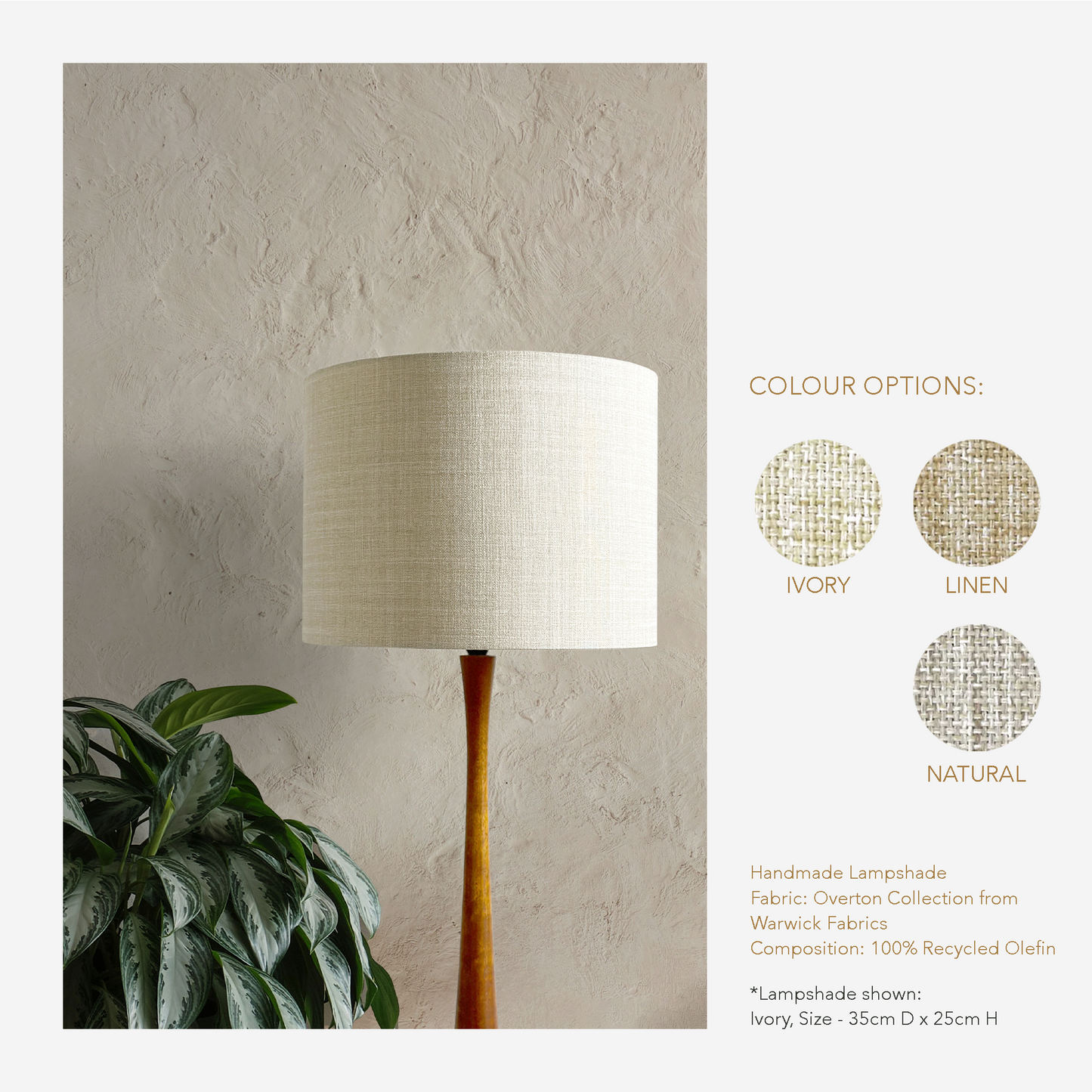 Handmade Lampshade - Drum - The Beige Palette

This Beige Palette features stunning neutral tones in Ivory, Linen, and Natural from the Overton Collection by Warwick Fabrics.