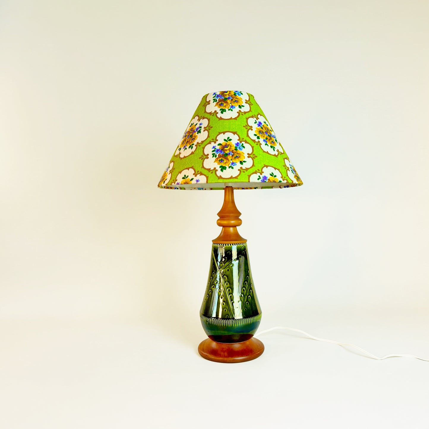 Danish Teak &amp; Ceramic 60’s Vintage Mid-Century Modern Table Lamp + Bespoke Handmade Lampshade in Vintage Original Textile Designer Fabric.