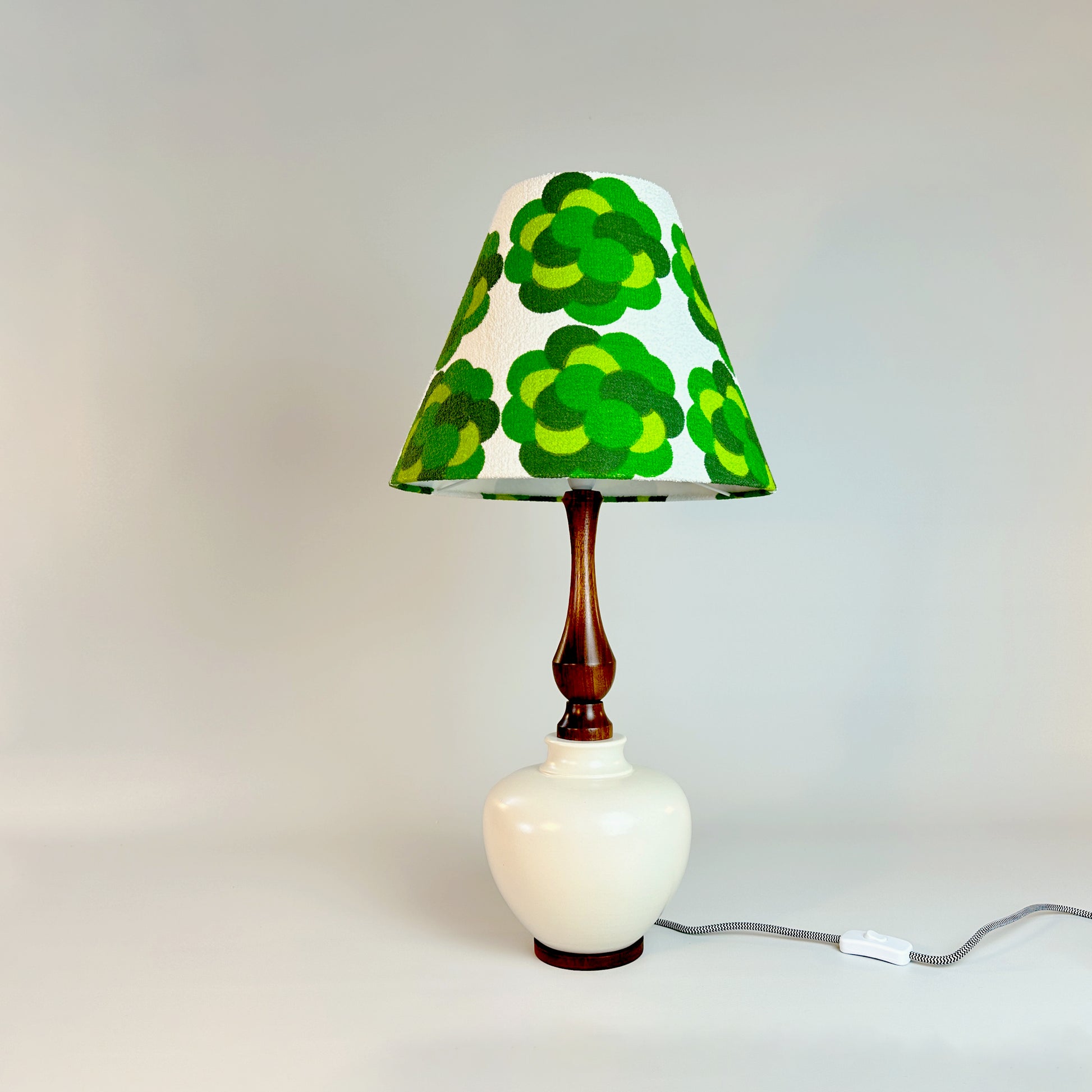 Elegant vintage Mid-Century Modern ceramic table lamp + handmade lampshade from authentic vintage terry cloth fabric features geometric circles in shades of greens.