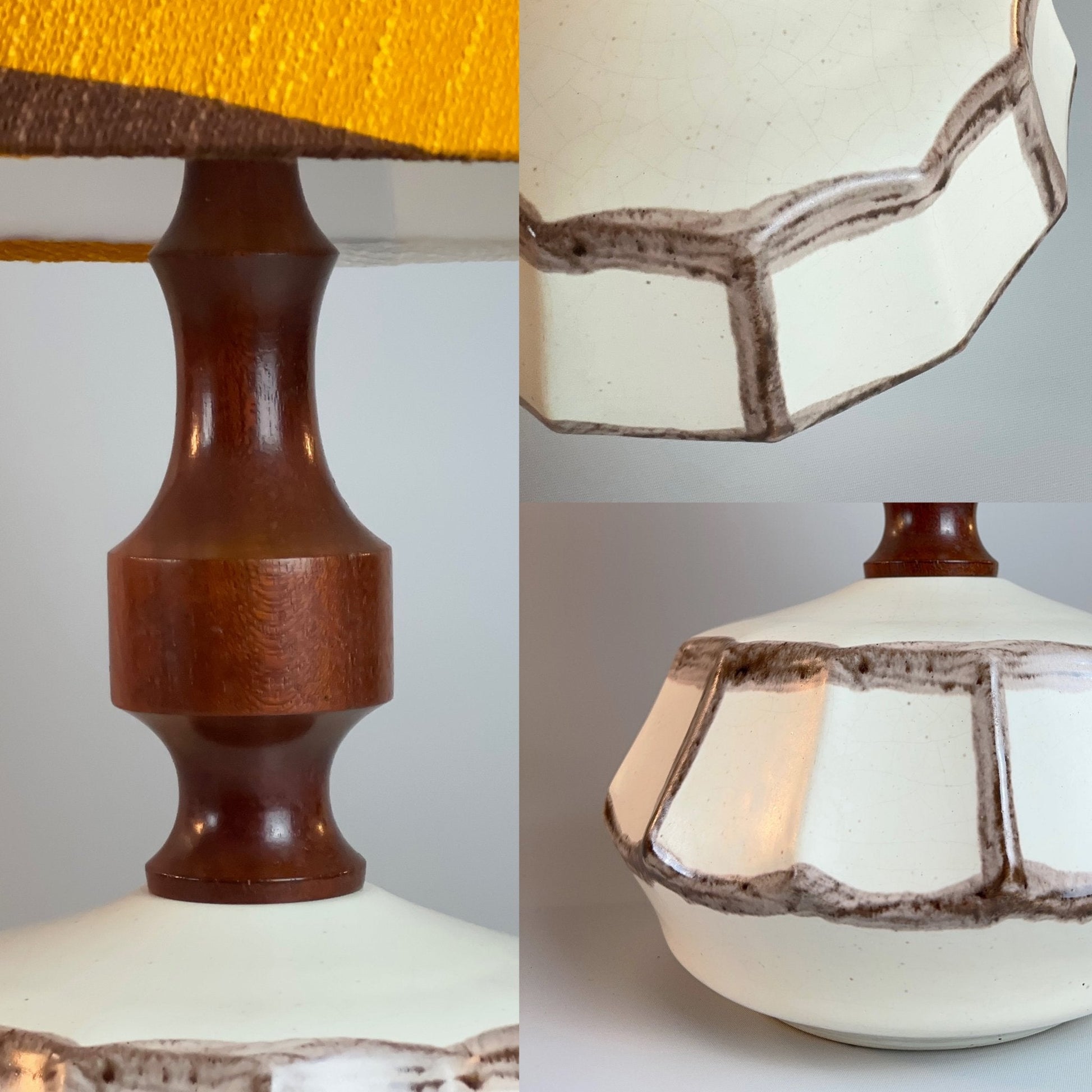 Caramel Latte Vintage Ceramic Table Lamp with Bespoke Handmade Lampshade Featuring Authentic Vintage Geometrics Fabrics.