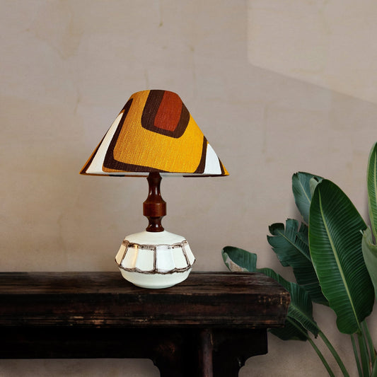 Caramel Latte Vintage Ceramic Table Lamp with Bespoke Handmade Lampshade Featuring Authentic Vintage Geometrics Fabrics.