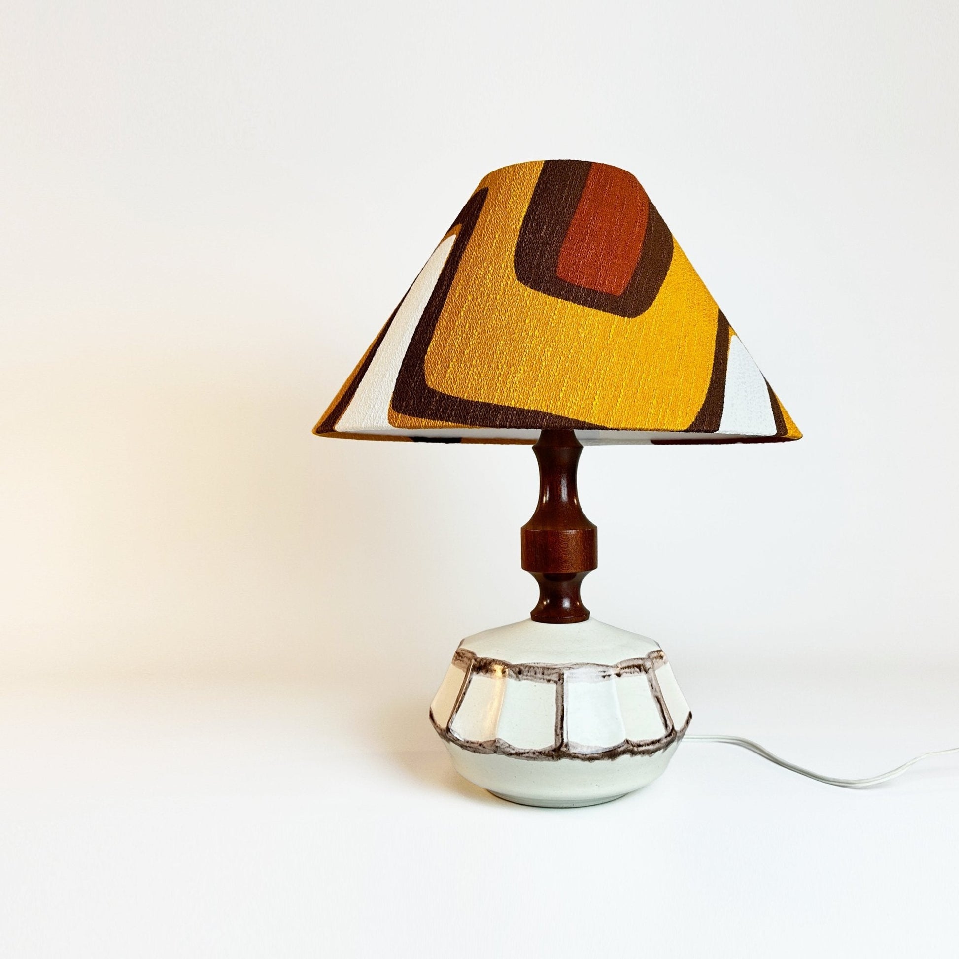 Caramel Latte Vintage Ceramic Table Lamp with Bespoke Handmade Lampshade Featuring Authentic Vintage Geometrics Fabrics.