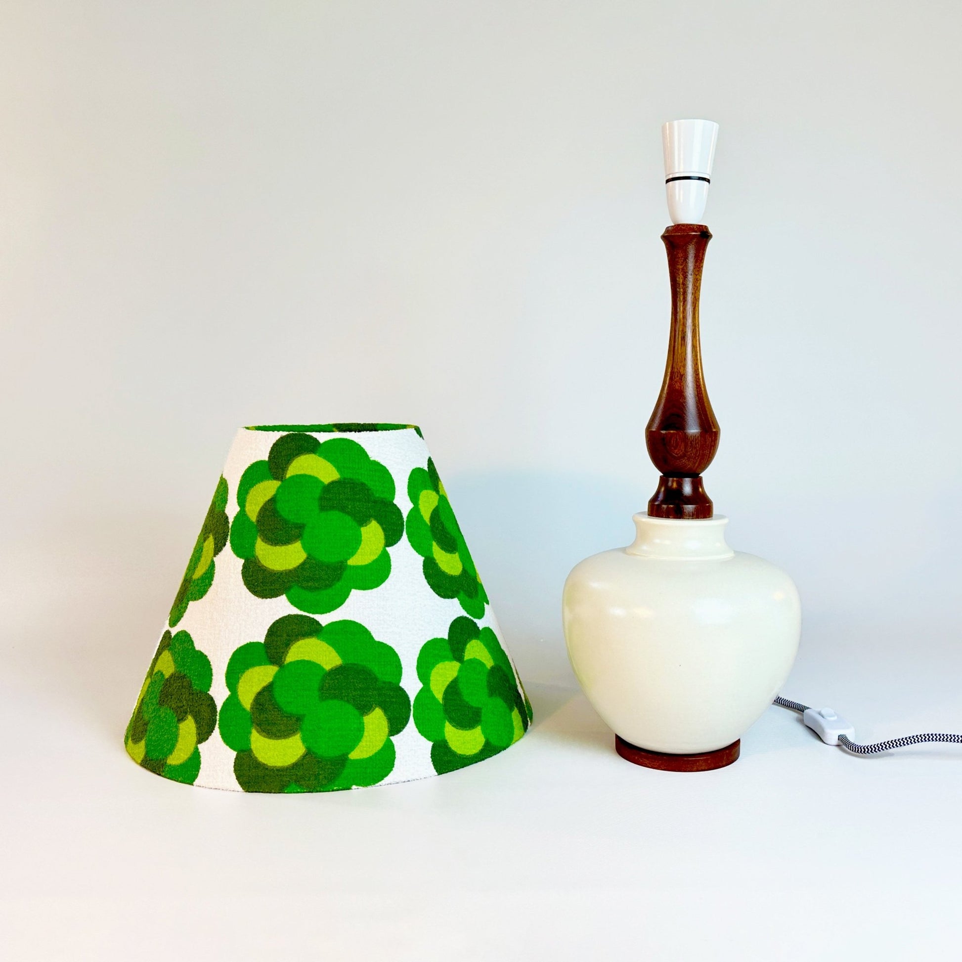 Elegant vintage Mid-Century Modern ceramic table lamp + handmade lampshade from authentic vintage terry cloth fabric features geometric circles in shades of greens.