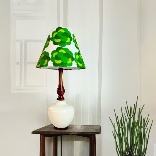 Elegant vintage Mid-Century Modern ceramic table lamp + handmade lampshade from authentic vintage terry cloth fabric features geometric circles in shades of greens.