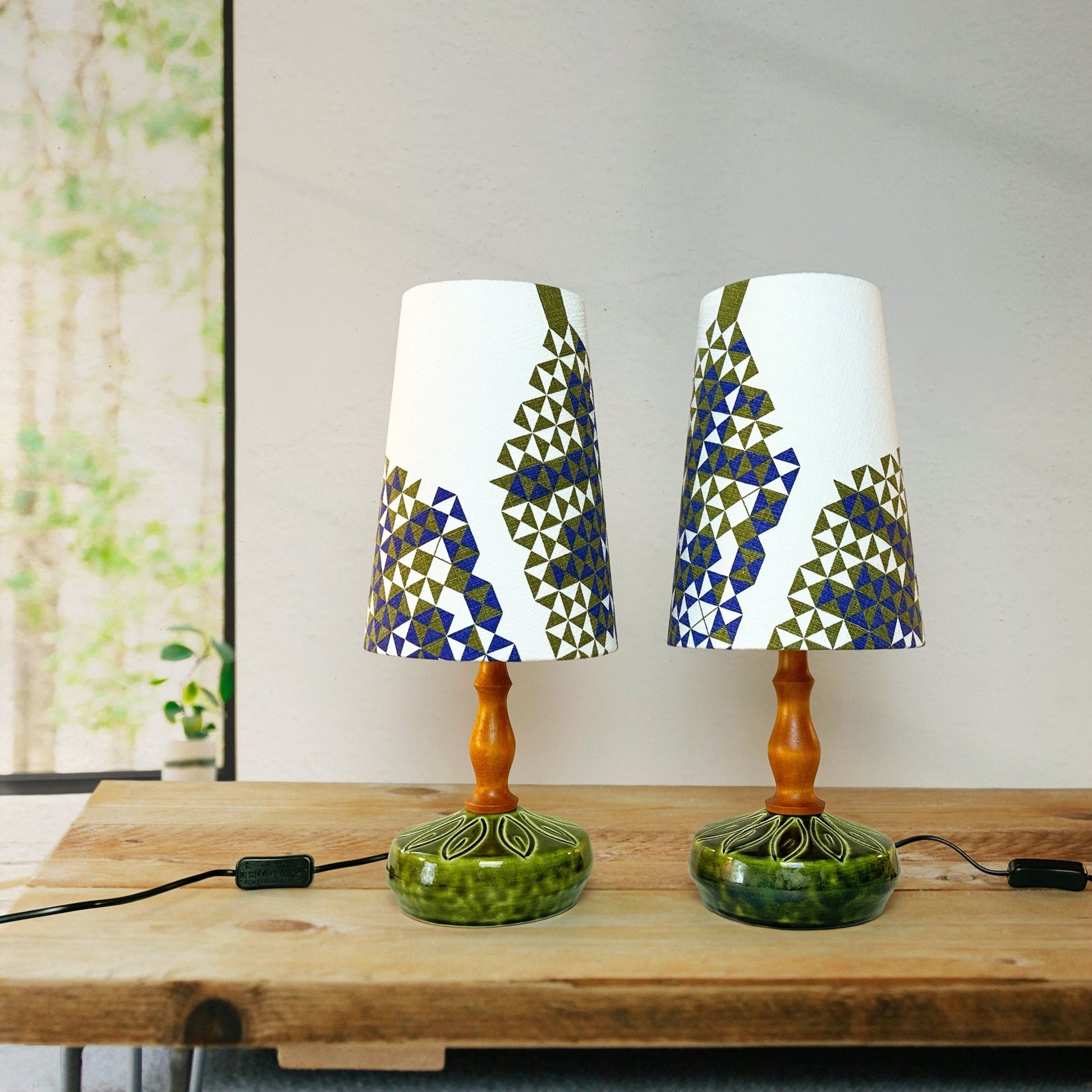 Pair of Small Mid-Century Modern Ellis Ceramic Table Lamps + Handmade Lampshades from Authentic Vintage Fabric in Olive and Blue Geometric Patterns.