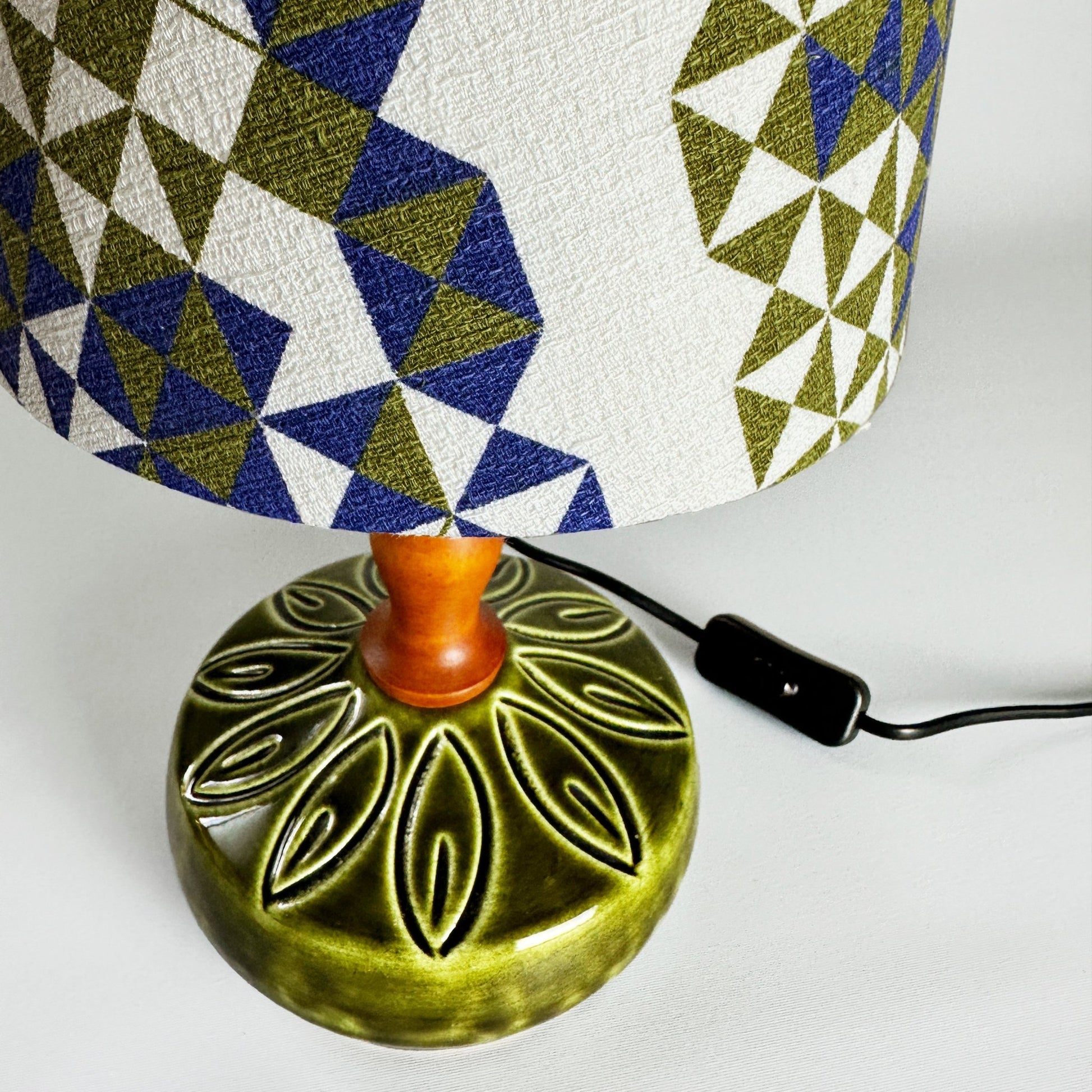 Pair of Small Mid-Century Modern Ellis Ceramic Table Lamps + Handmade Lampshades from Authentic Vintage Fabric in Olive and Blue Geometric Patterns.