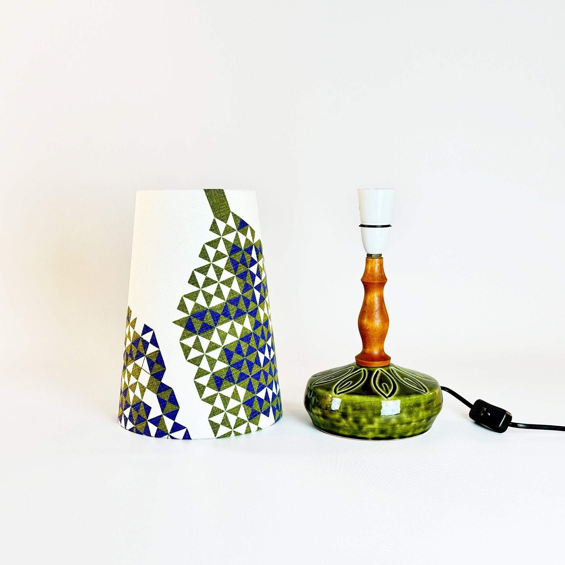 Pair of Small Mid-Century Modern Ellis Ceramic Table Lamps + Handmade Lampshades from Authentic Vintage Fabric in Olive and Blue Geometric Patterns.