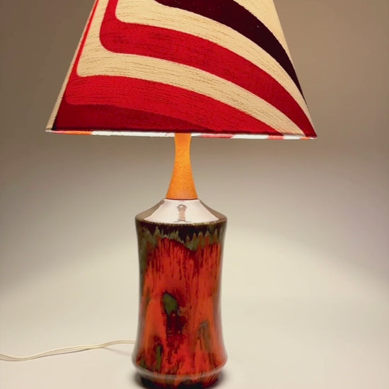 Mid-Century Modern Vintage Ceramic Table Lamp with Bespoke Handmade Lampshade Featuring Authentic 70's Geometric Fabrics.