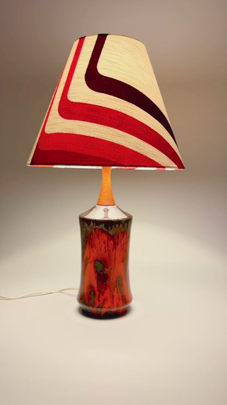 Mid-Century Modern Vintage Ceramic Table Lamp with Bespoke Handmade Lampshade Featuring Authentic 70's Geometric Fabrics.