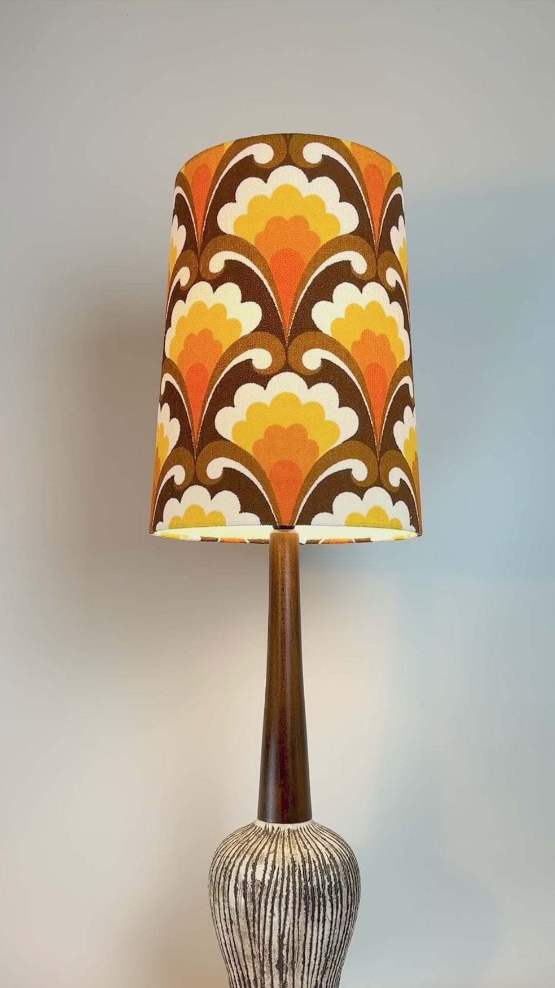 Golden Elegance -&nbsp; A Tall Vintage Ceramic Pottery Table Lamp with Bespoke Handmade Lampshade with Authentic Geometric Vintage Terry Cloth Fabric.