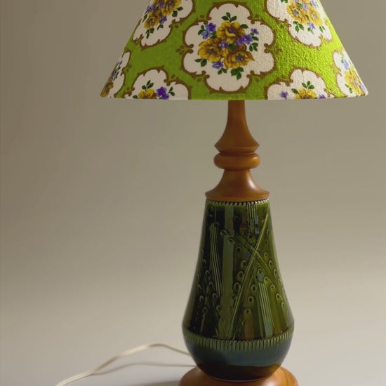 Danish Teak &amp; Ceramic 60’s Vintage Mid-Century Modern Table Lamp + Bespoke Handmade Lampshade in Vintage Original Textile Designer Fabric.