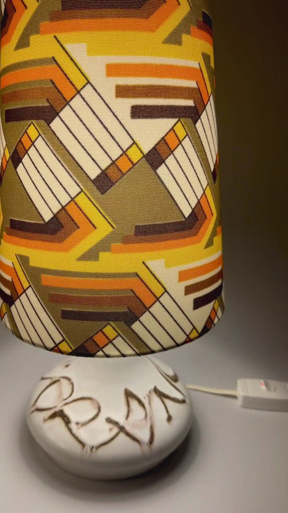 Autumn Glow | Vintage Upcycled Table Lamp - Add Warmth to Your Space with this Autumn Glow Pair of Small Vintage Ceramic Table Lamp with Bespoke Handmade Lampshade Featuring Authentic Vintage Geometrics Fabrics