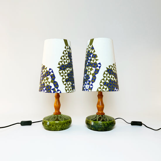 Pair of Small Mid-Century Modern Ellis Ceramic Table Lamps + Handmade Lampshades from Authentic Vintage Fabric in Olive and Blue Geometric Patterns.